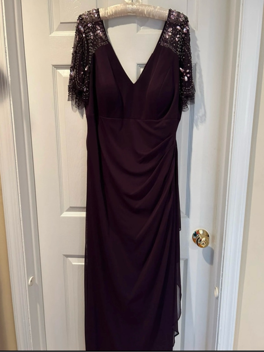 Xscape Plum V-Neck Maxi Dress with Beaded Short Sleeves